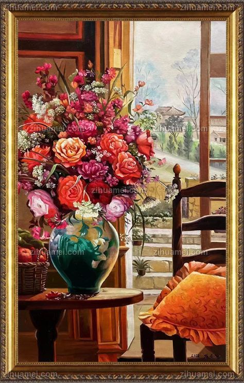 纯手绘精品花卉花瓶油画
