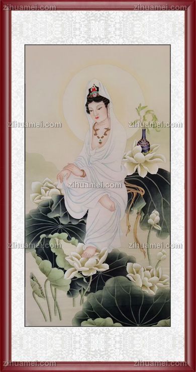 纯手绘中式荷花观世音人物国画