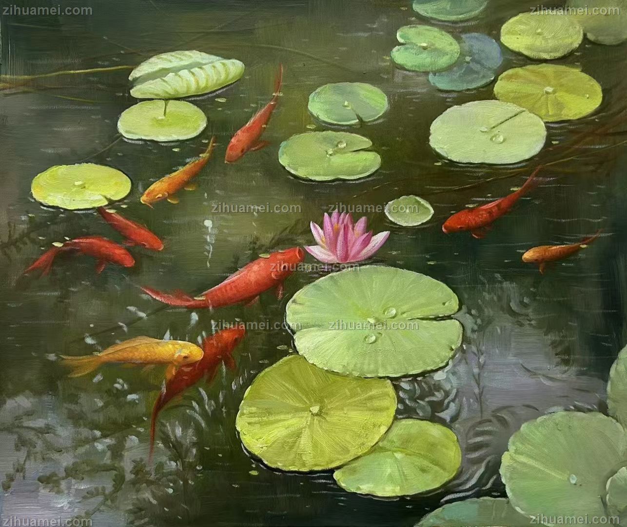 九鱼图纯纯手绘荷花油画