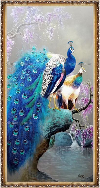 孔雀紫滕花纯手绘动物花卉油画