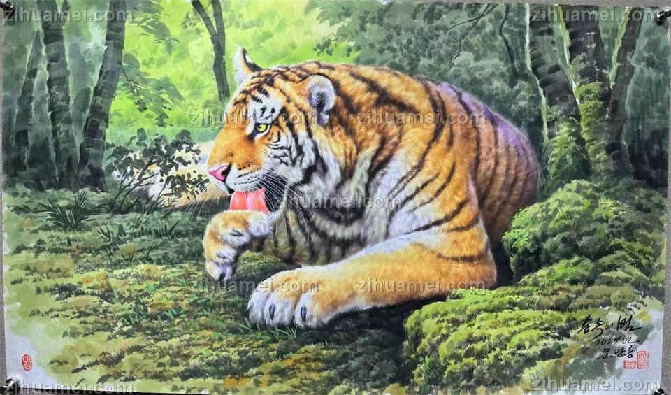纯手绘朝鲜动物国画老虎图