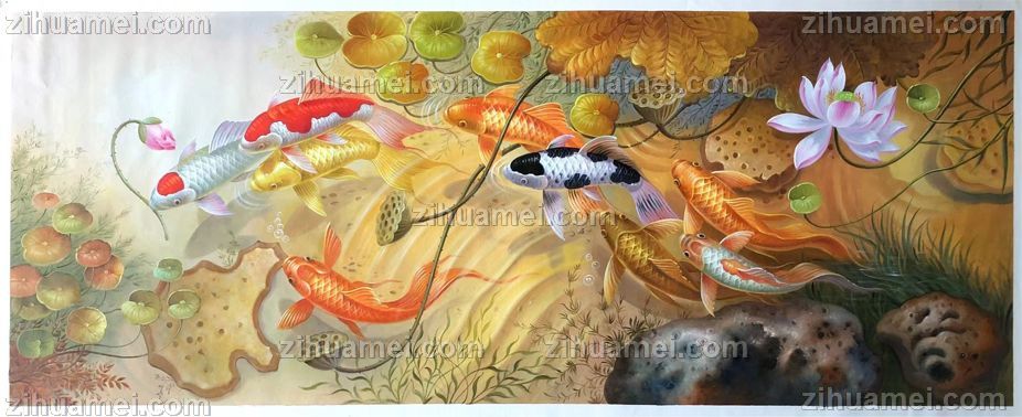 荷花池九鱼图风景油画