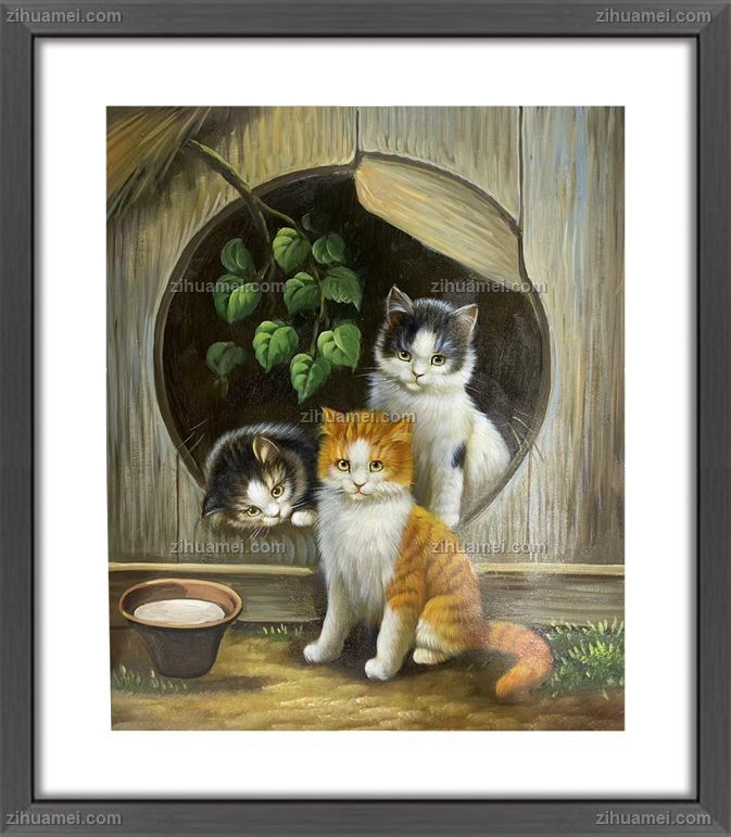 适合儿童卧室餐厅动物油画小猫图