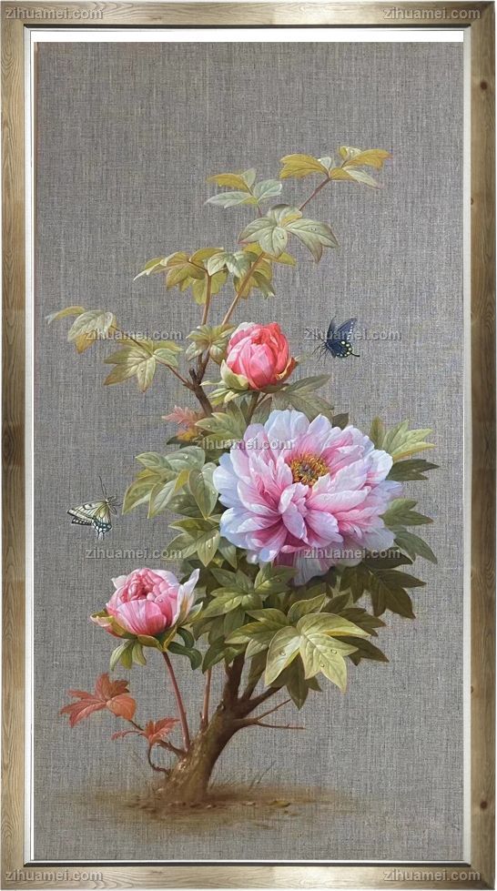 纯手绘玄关花卉油画牡丹花油画作品