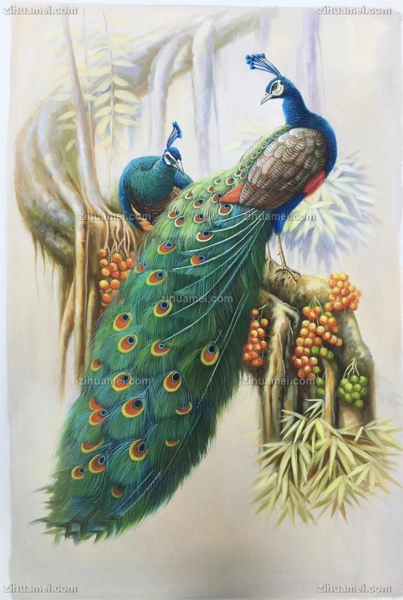 玄关卧室孔雀手绘油画