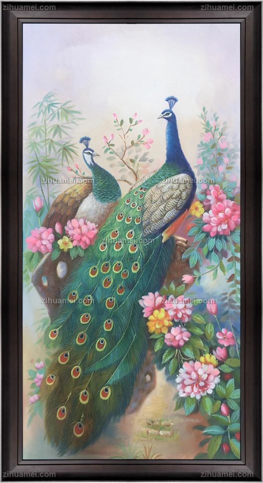 孔雀写实油画玄关动物油画