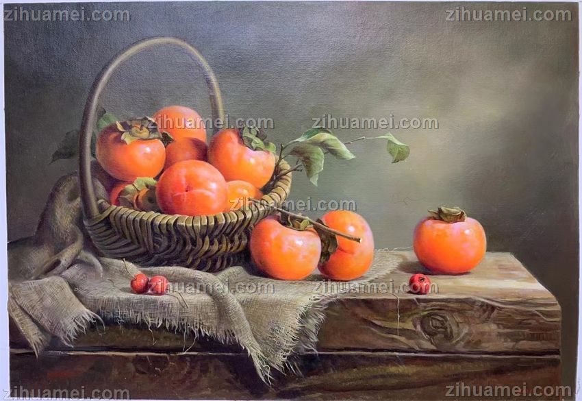 收藏精品柿子图手绘油画