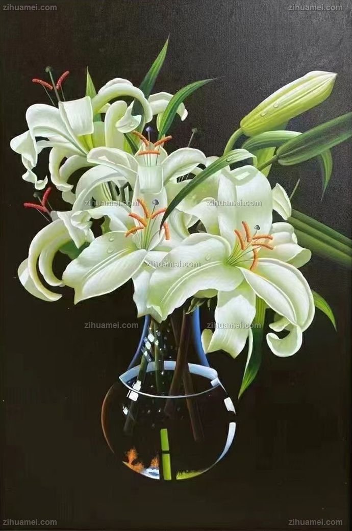 纯手绘卧室花卉油画百合花