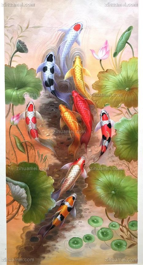 新中式锦鲤九鱼图油画作品