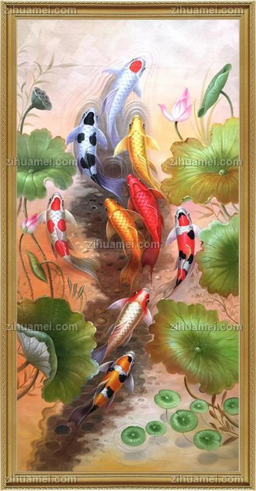 新中式锦鲤九鱼图油画作品