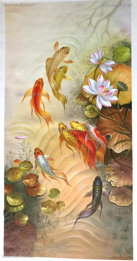 客厅中式锦鲤九鱼图油画作品