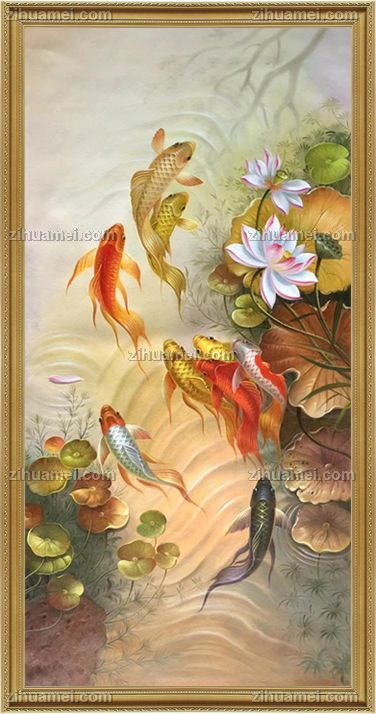 客厅中式锦鲤九鱼图油画作品
