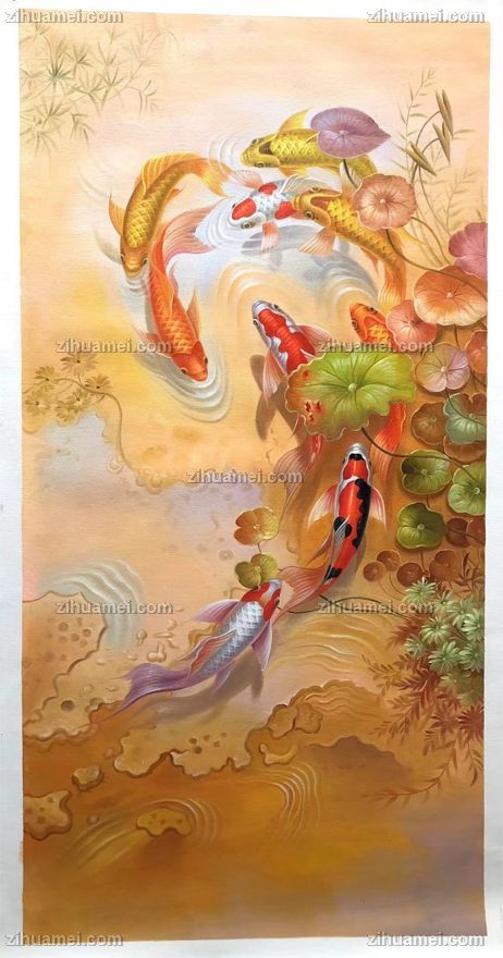 年年有余九鱼图油画作品