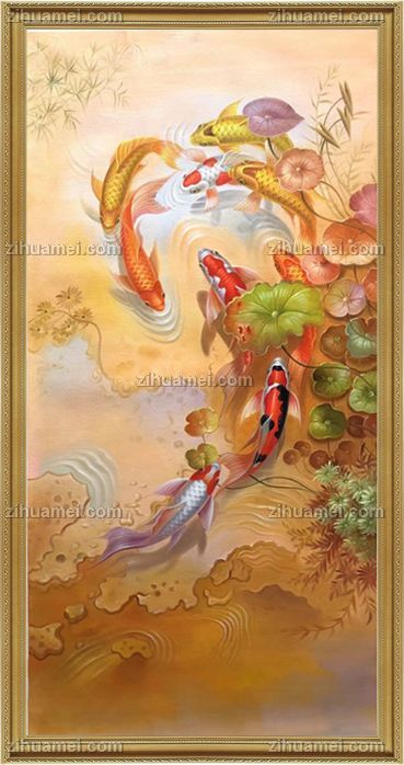 年年有余九鱼图油画作品