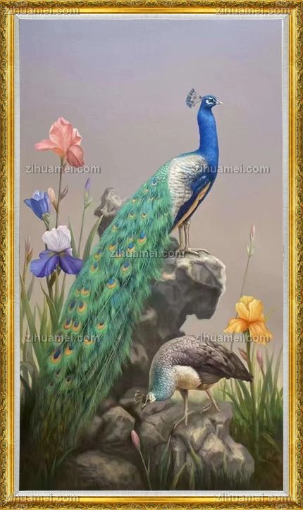 新中式孔雀手绘油画作品