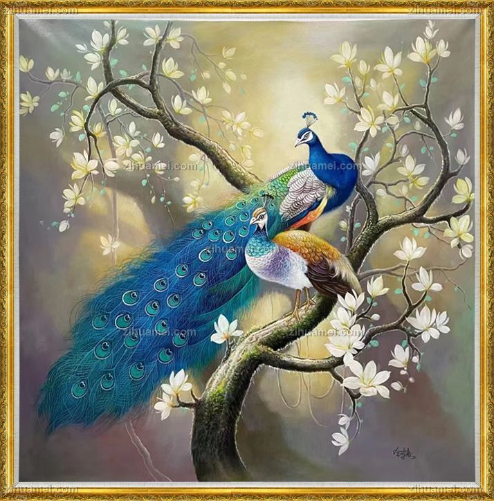 客厅大厅孔雀玉兰花油画作品