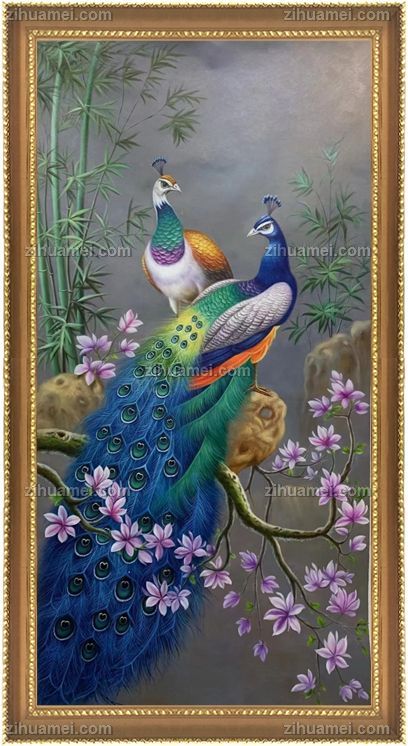 新中式玄关竹子与孔雀油画作品