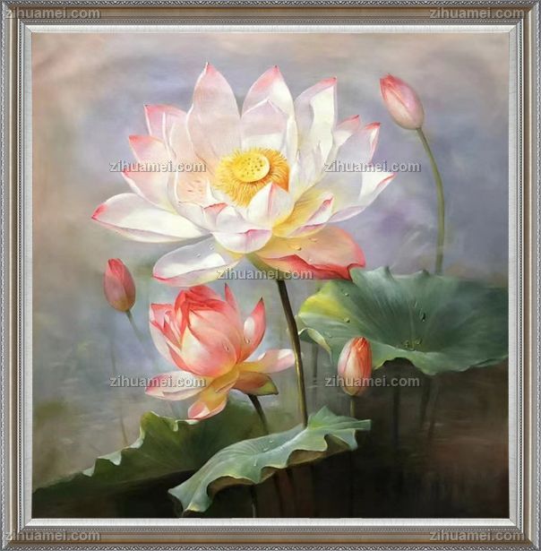 中式荷花写实油画作品