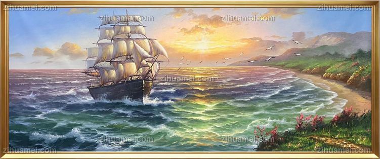 大厅沙发背景墙海浪帆船风景油画