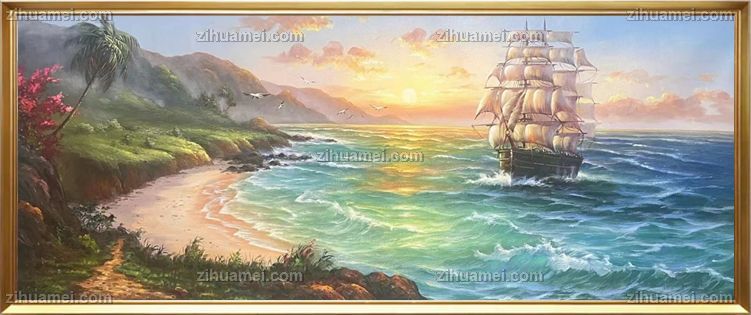 手绘海浪风景帆船油画