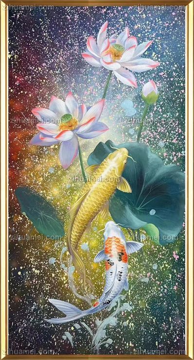 中式玄关手绘油画锦鲤图