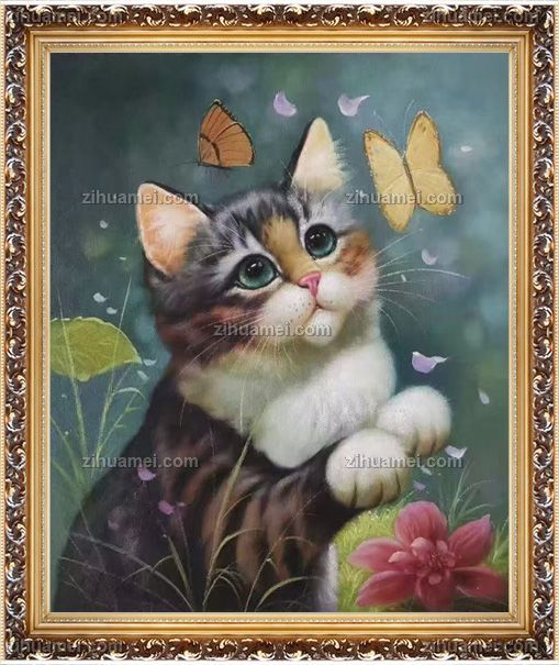 耄耋猫蝶纯手绘动物油画