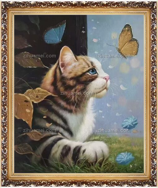 写实动物油画小猫与蝴蝶图