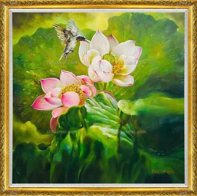 小写意原创朝鲜荷花风景油画