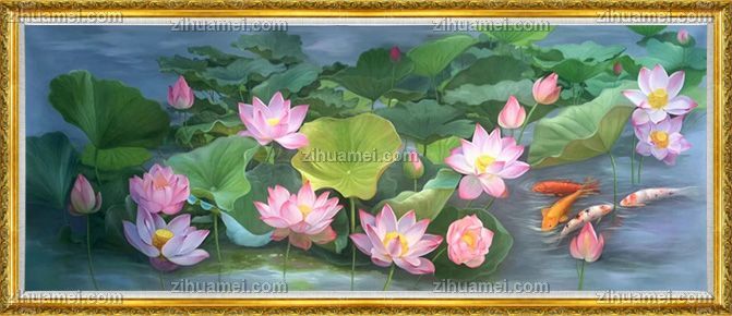 大厅荷花池风景油画