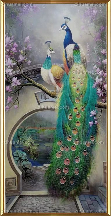 纯手绘动物油画孔雀图