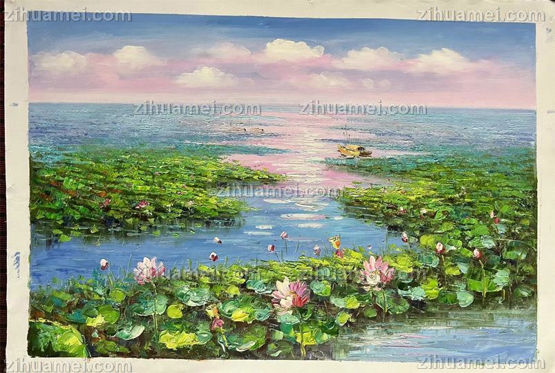 手绘莫奈印象荷花池风景油画