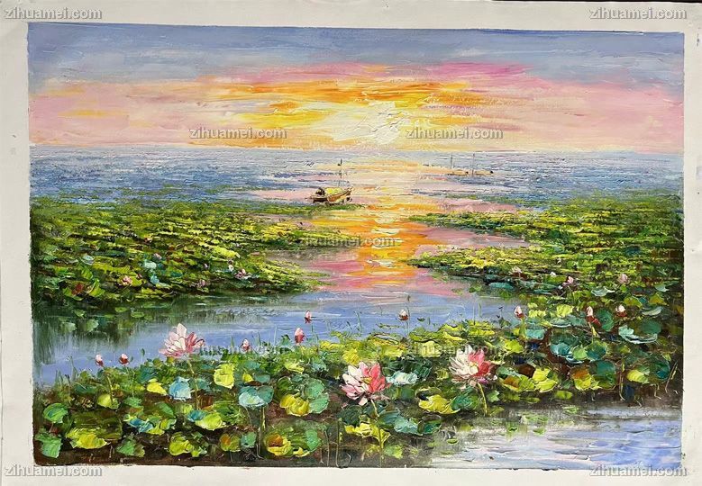 手绘莫奈印象荷花池风景油画