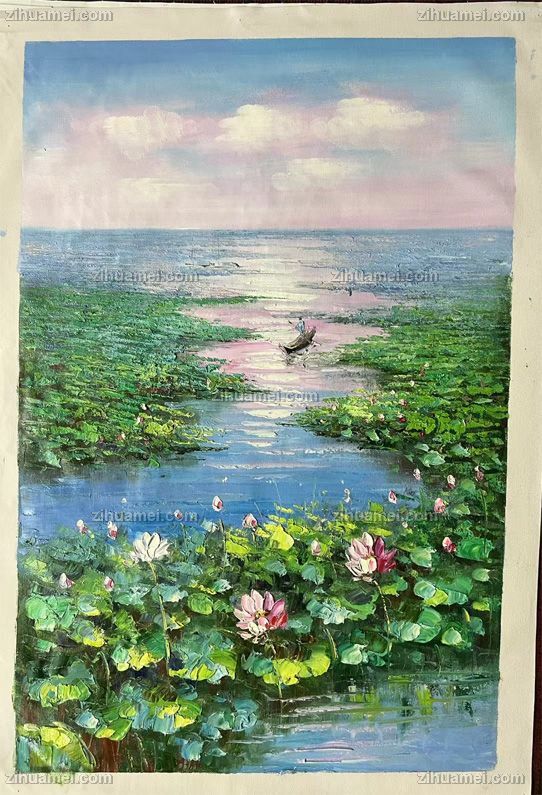 手绘莫奈印象荷花池风景油画
