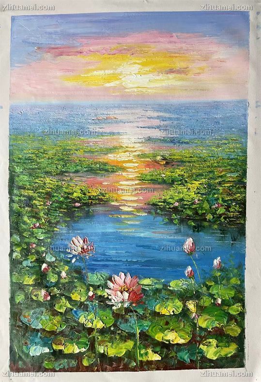 手绘莫奈印象荷花池风景油画