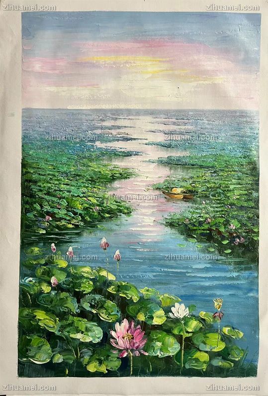 手绘莫奈印象荷花池风景油画