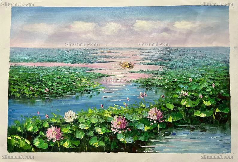 手绘莫奈印象荷花池风景油画