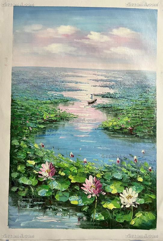 手绘莫奈印象荷花池风景油画