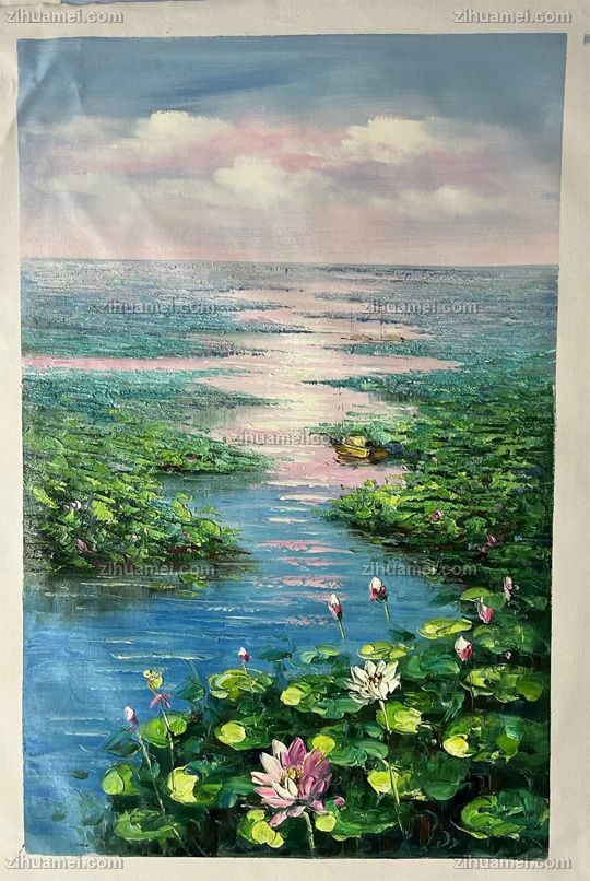 手绘莫奈印象荷花池风景油画