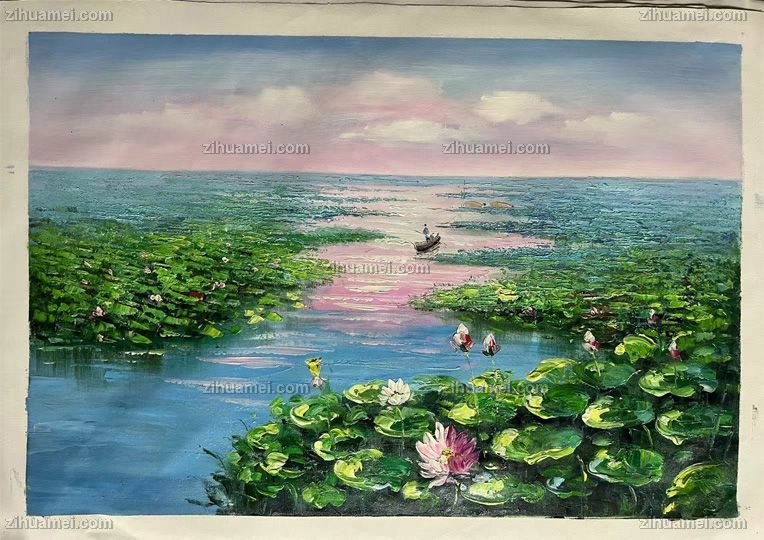 手绘莫奈印象荷花池风景油画
