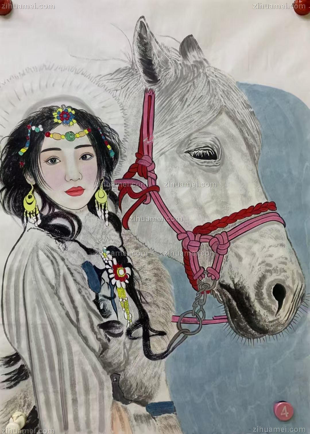 人物美女手绘国画新疆美女人物国画