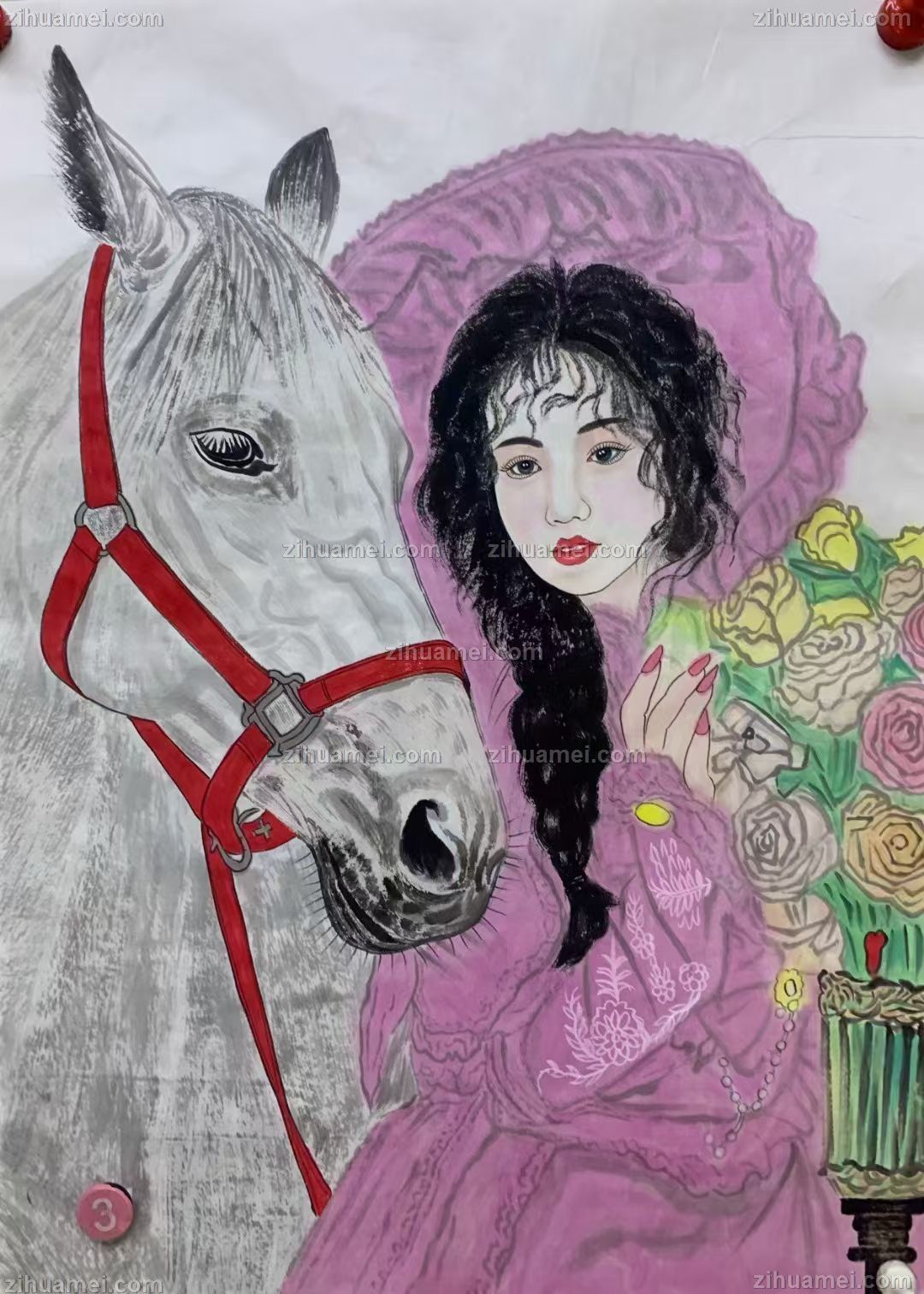 人物美女手绘国画新疆美女人物国画