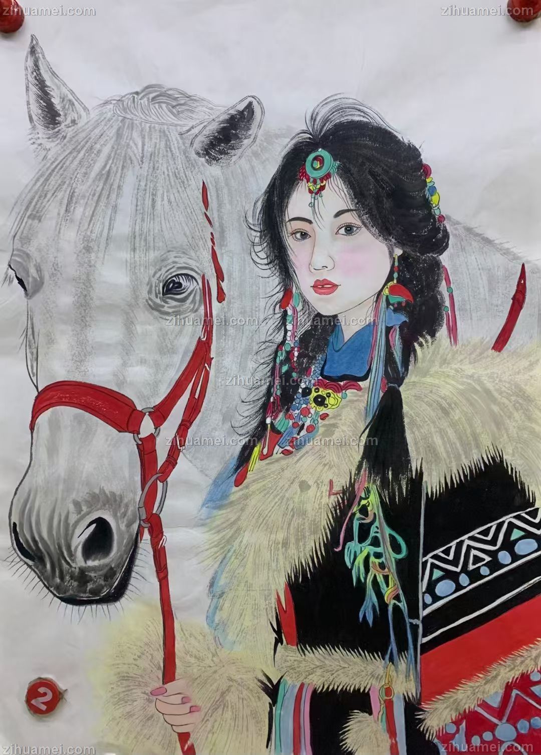 人物美女手绘国画新疆美女人物国画