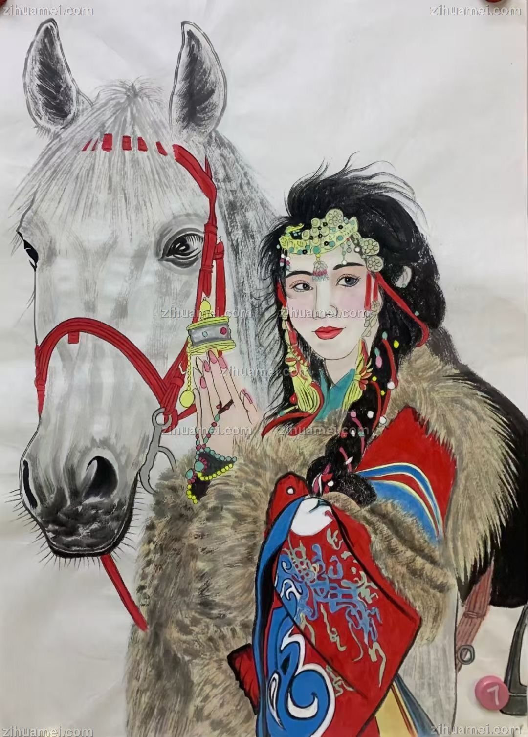 人物美女手绘国画新疆美女人物国画