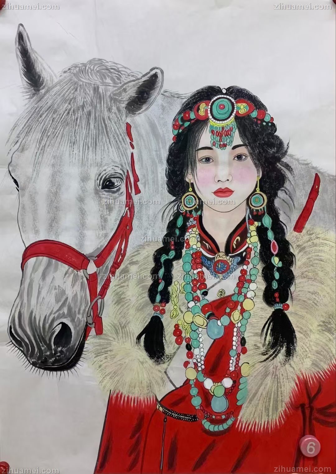人物美女手绘国画新疆美女人物国画