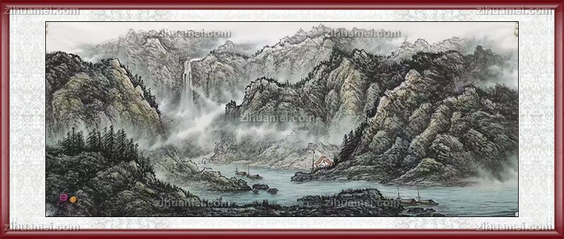 背靠大山风景国画水墨画