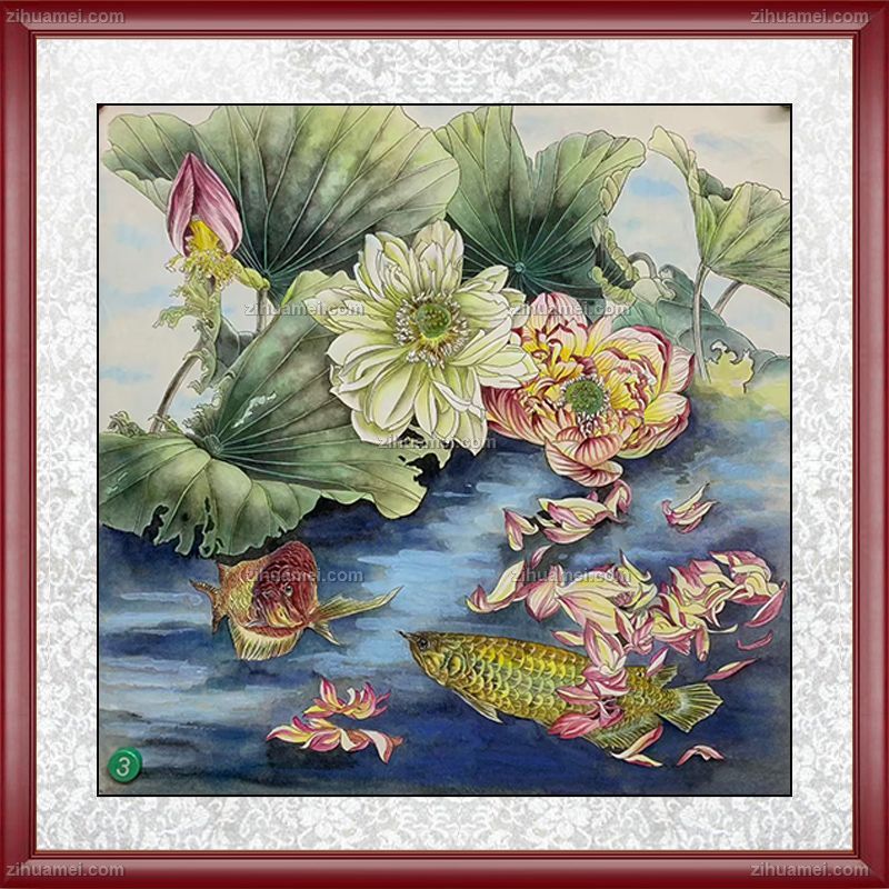 龙鱼荷花图精品国画
