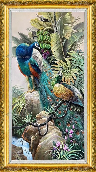 石头芭蕉上孔雀图精品手绘动物油画