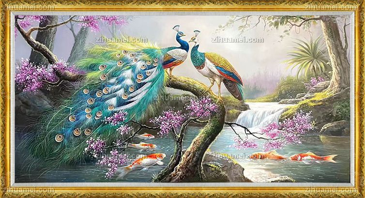大厅孔雀手绘油画