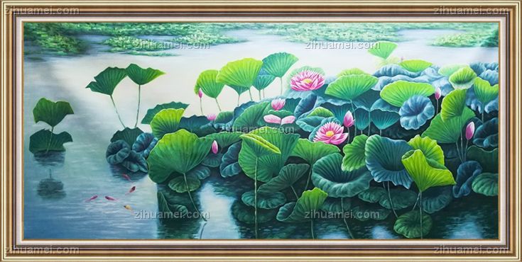 荷花池塘 景色优美 年年有余 和谐 中式油画