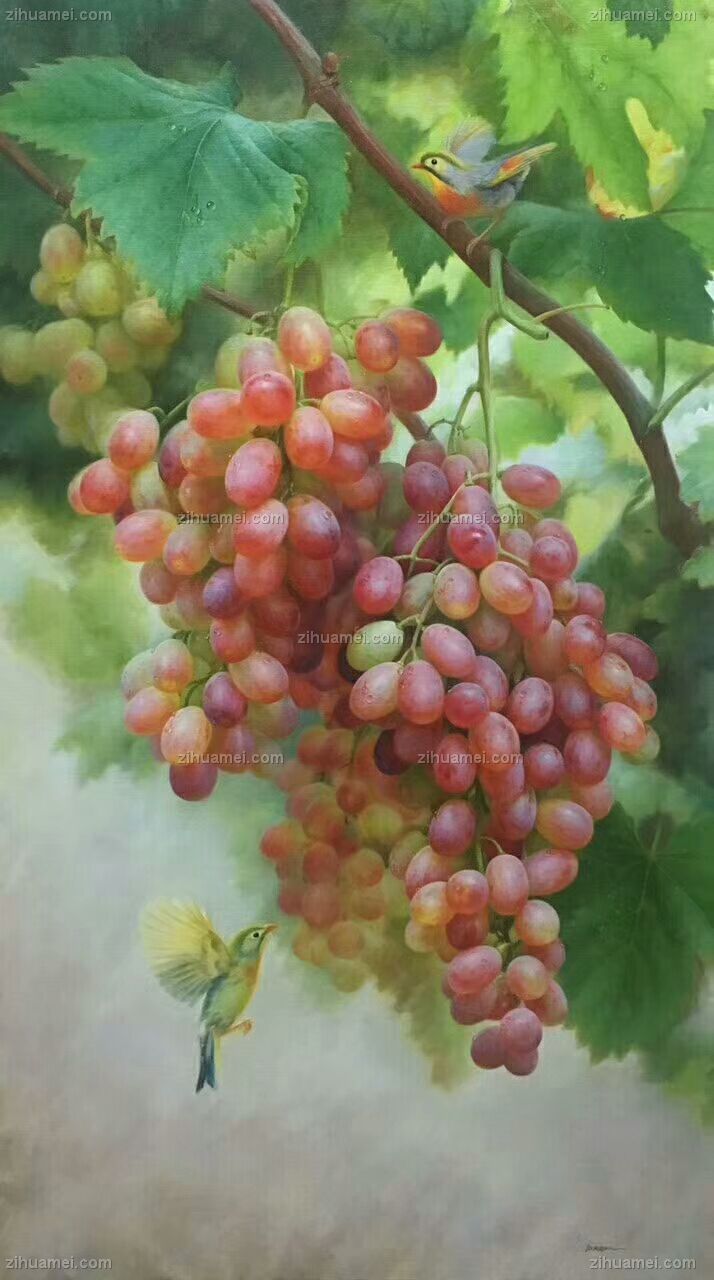 中式油画 写实油画 飞鸟与红提